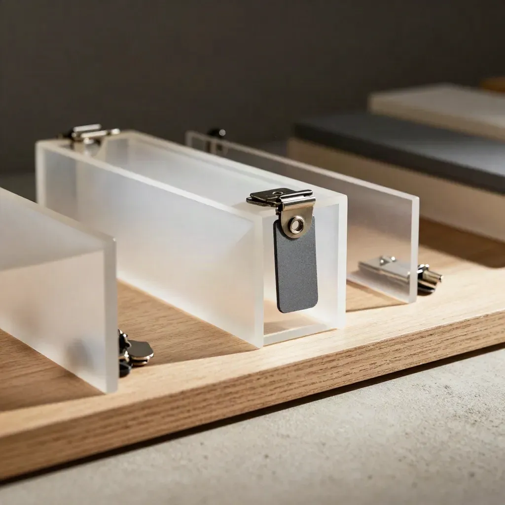 Graphite acrylic shelf blocks and metal display clips assembling on pale concrete in soft retail light.