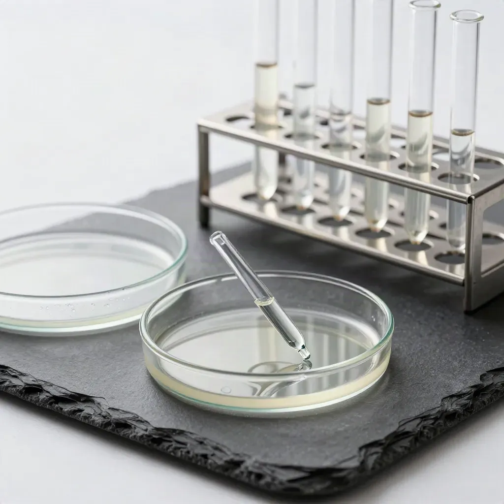 Glass pipette, petri dish, and steel sample rack on graphite stone with cool lab haze.