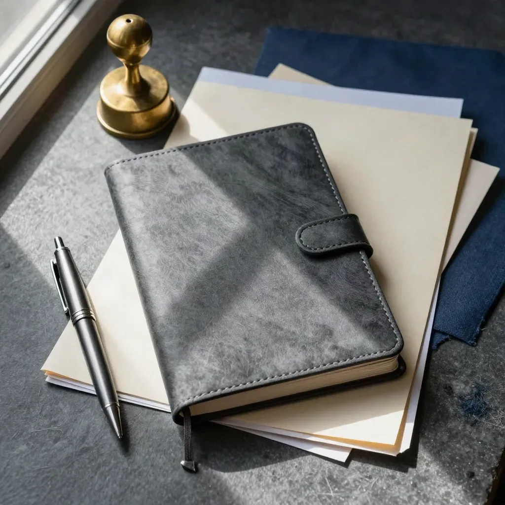Ledger, brass paperweight and pen cap on slate stone in soft daylight