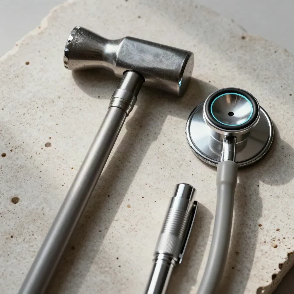 Macro still life of medical tools on pale stone with a faint cyan reflection.