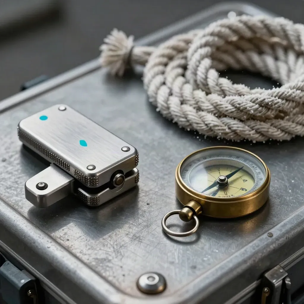 Macro still life of a cargo seal, compass and coiled marine rope on brushed metal.