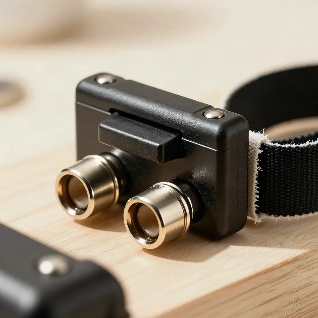 Macro still life of a case latch, XLR connectors, and gaffer strap on pale wood.