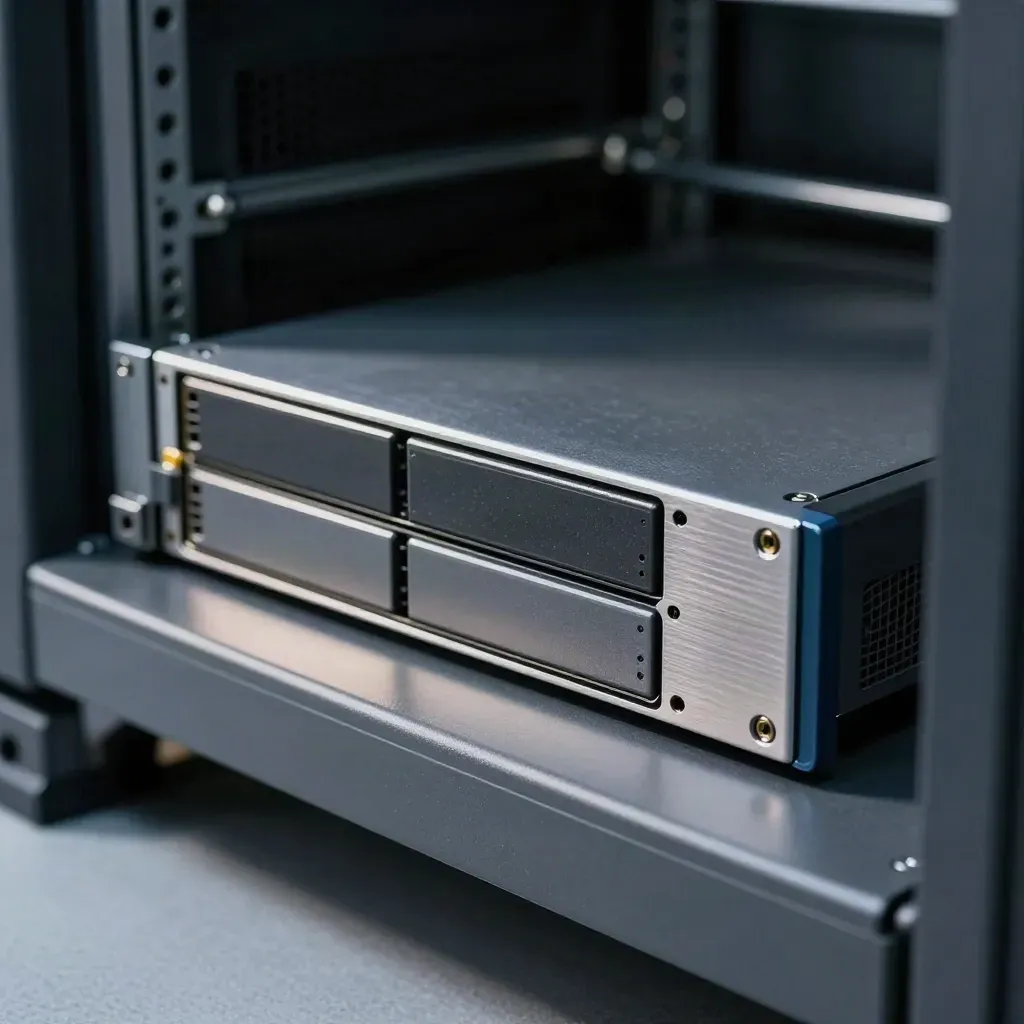 Half-seated rackmount server blade with SSD trays and cable ferrules in dramatic macro light.