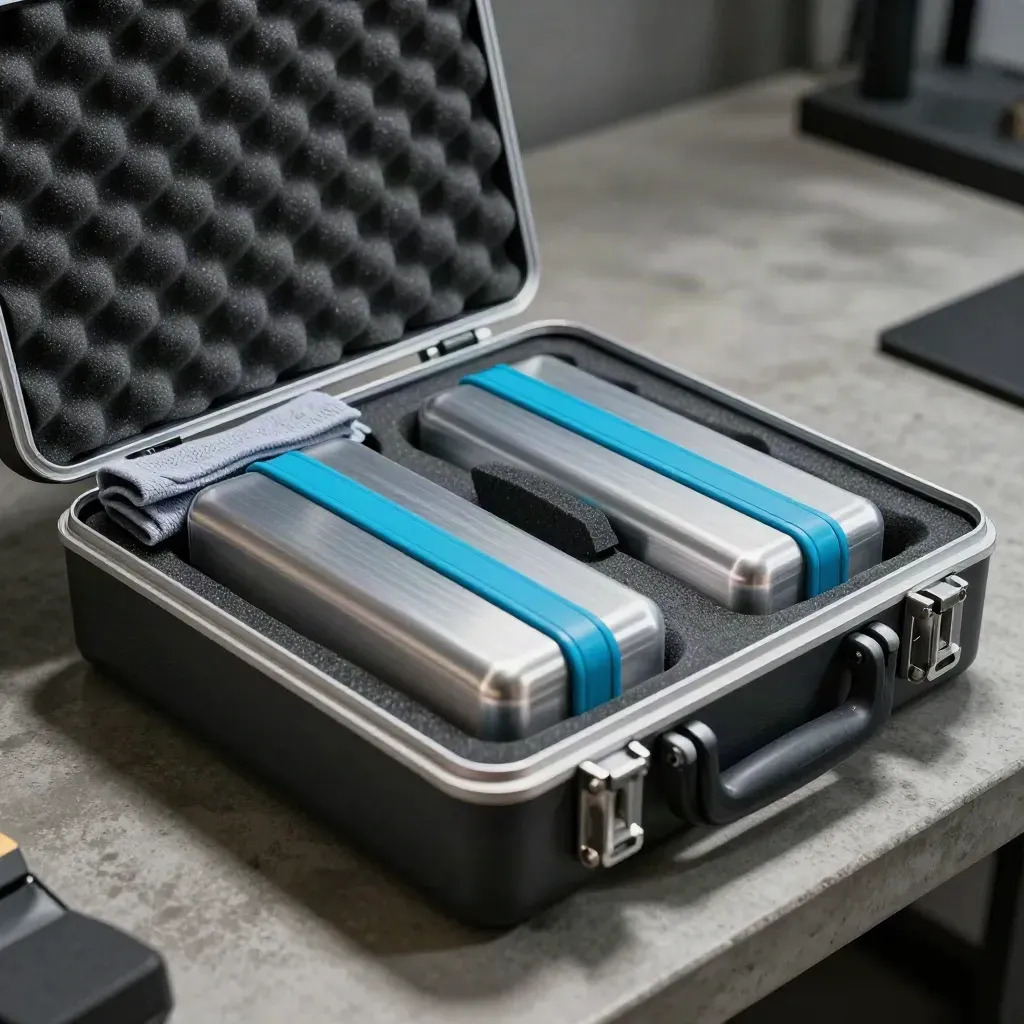 Open migration case with foam insert and two drive caddies in a dim workshop