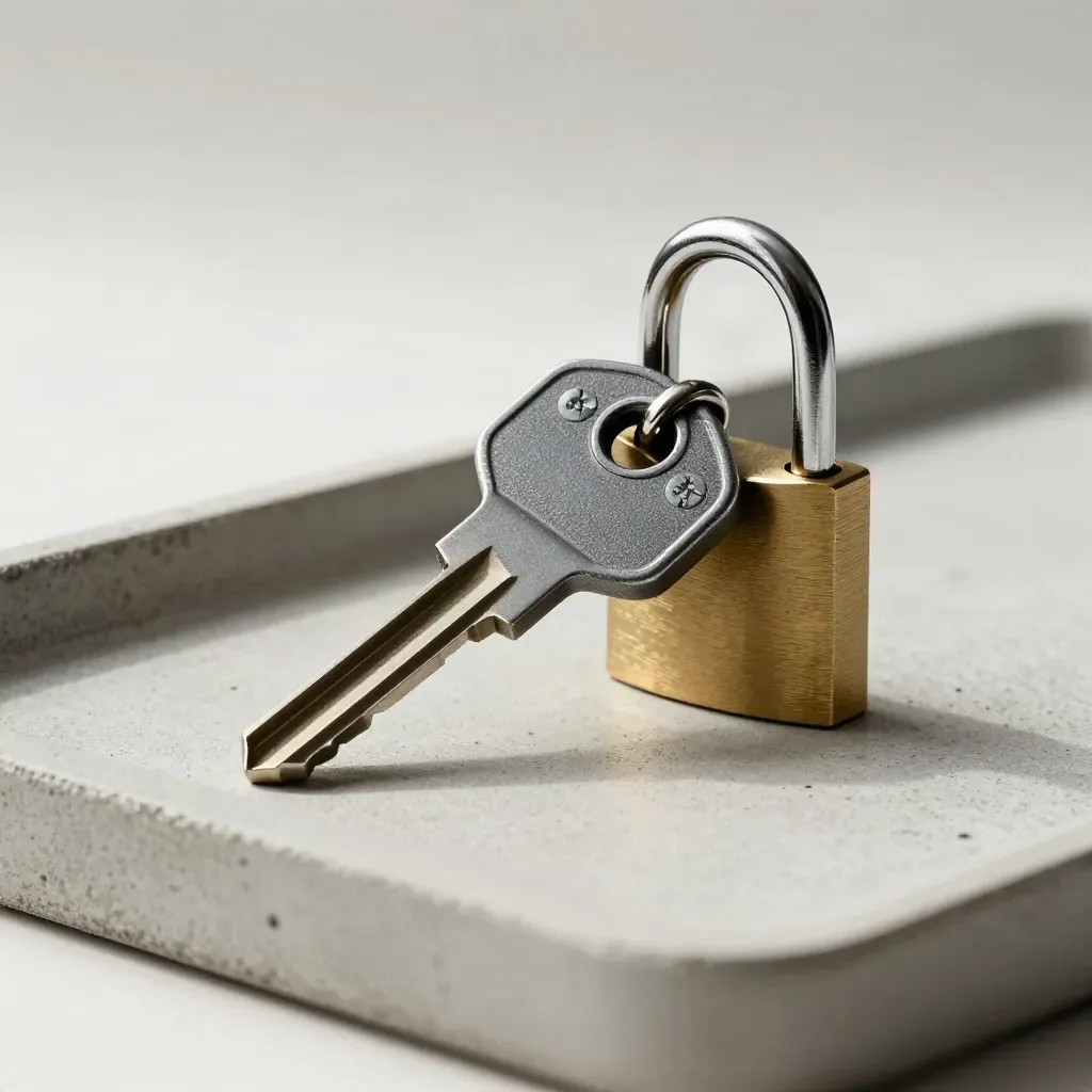 Hardware security key beside a brass padlock and rack latch on pale concrete in soft daylight.