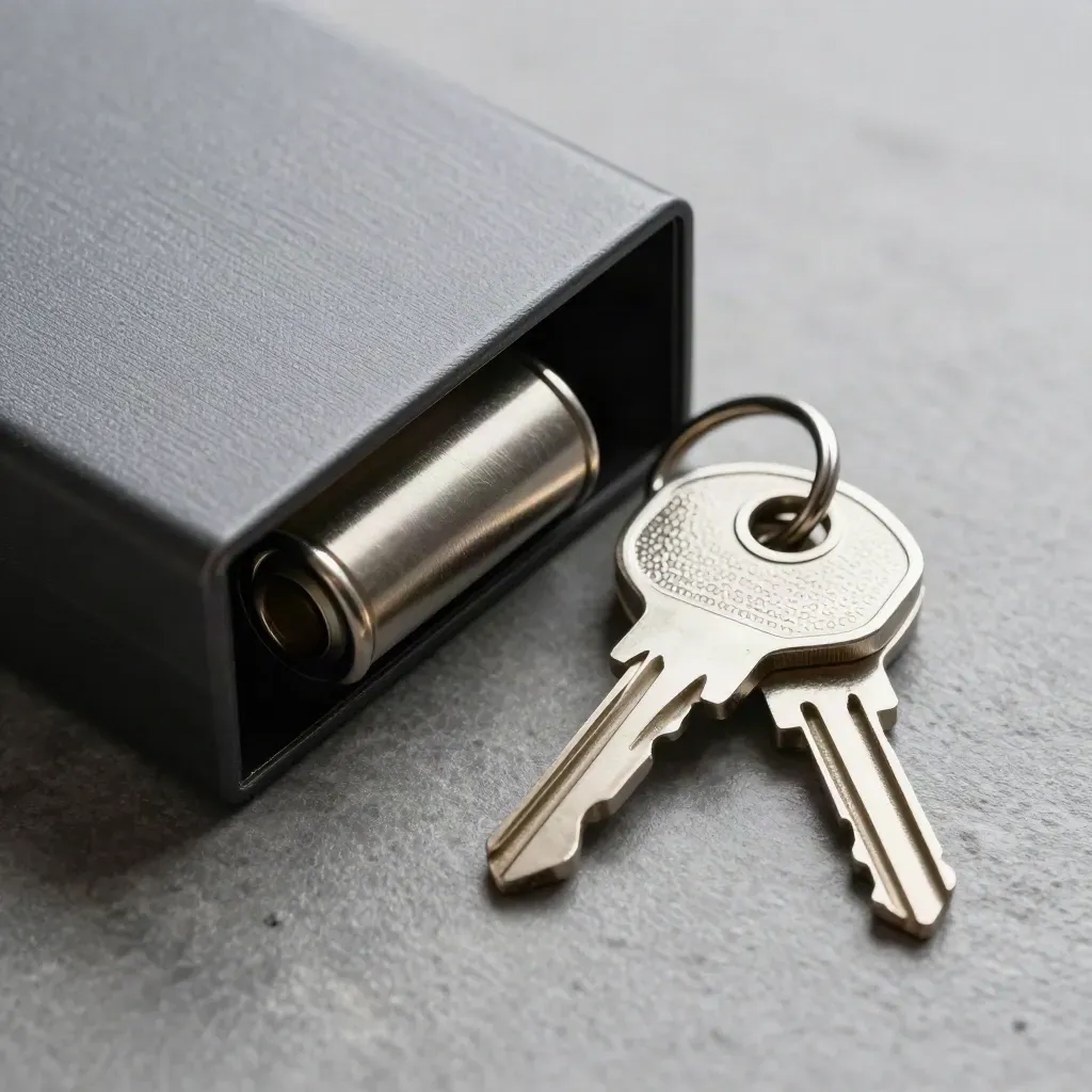 Top-down macro of a steel backup cartridge, compact lockbox and two recovery keys on graphite stone.