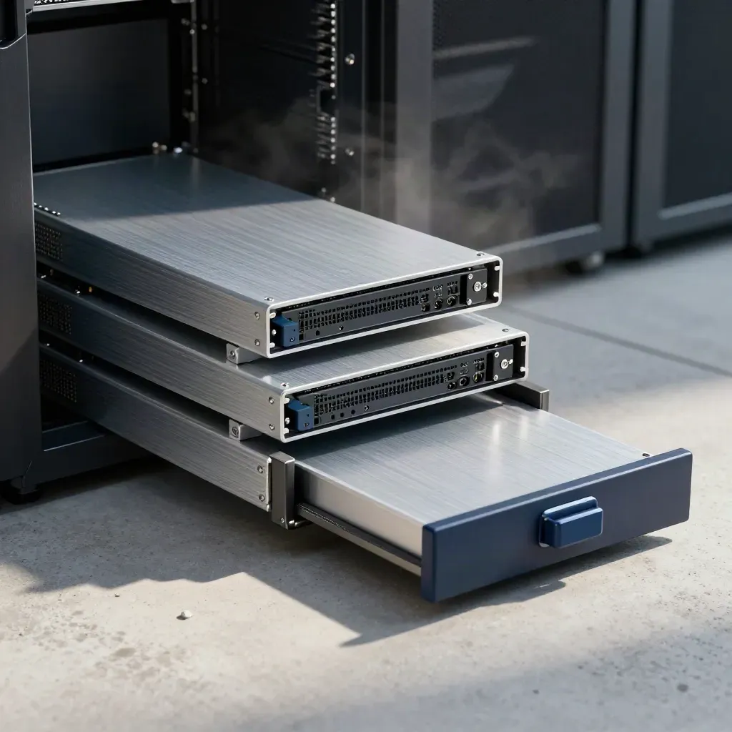 Three SSD modules and a modular drawer on a concrete plinth in dramatic server-room light.