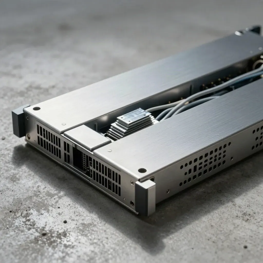 Two server sleds with spacers and a cable loop on concrete, lit in a premium macro close-up.