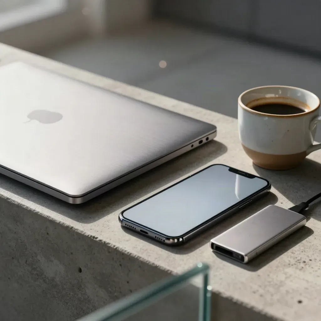 Macro still life of founder kit: closed ultrabook, smartphone, SSD and coffee cup behind glass.