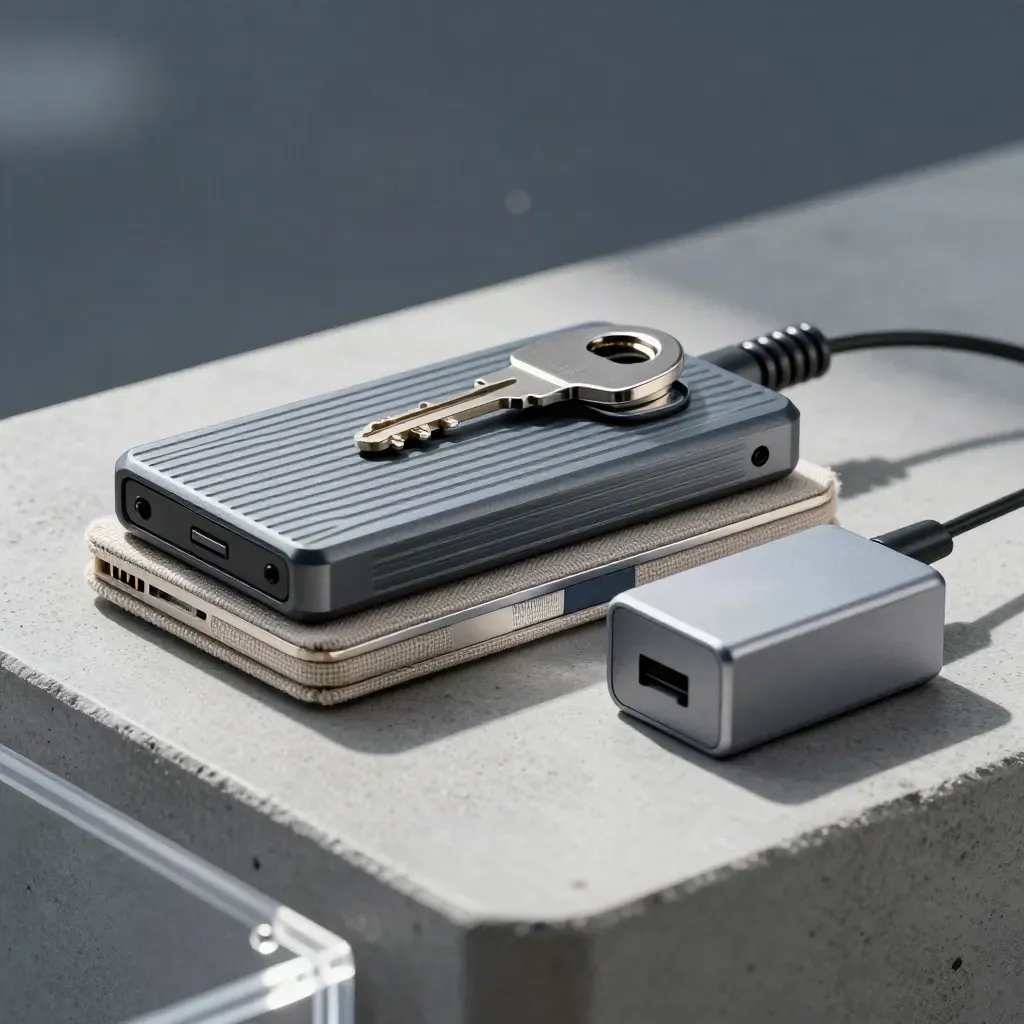 Portable SSD, swatch deck, cable clip and charger brick in a dramatic macro still life on concrete.