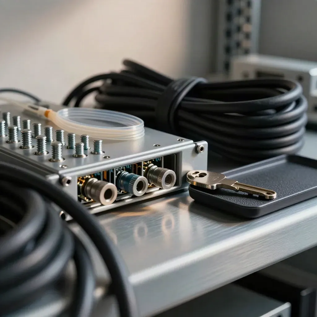 Server maintenance kit with fibre loop, patch leads, screws and a service key in a rack aisle.