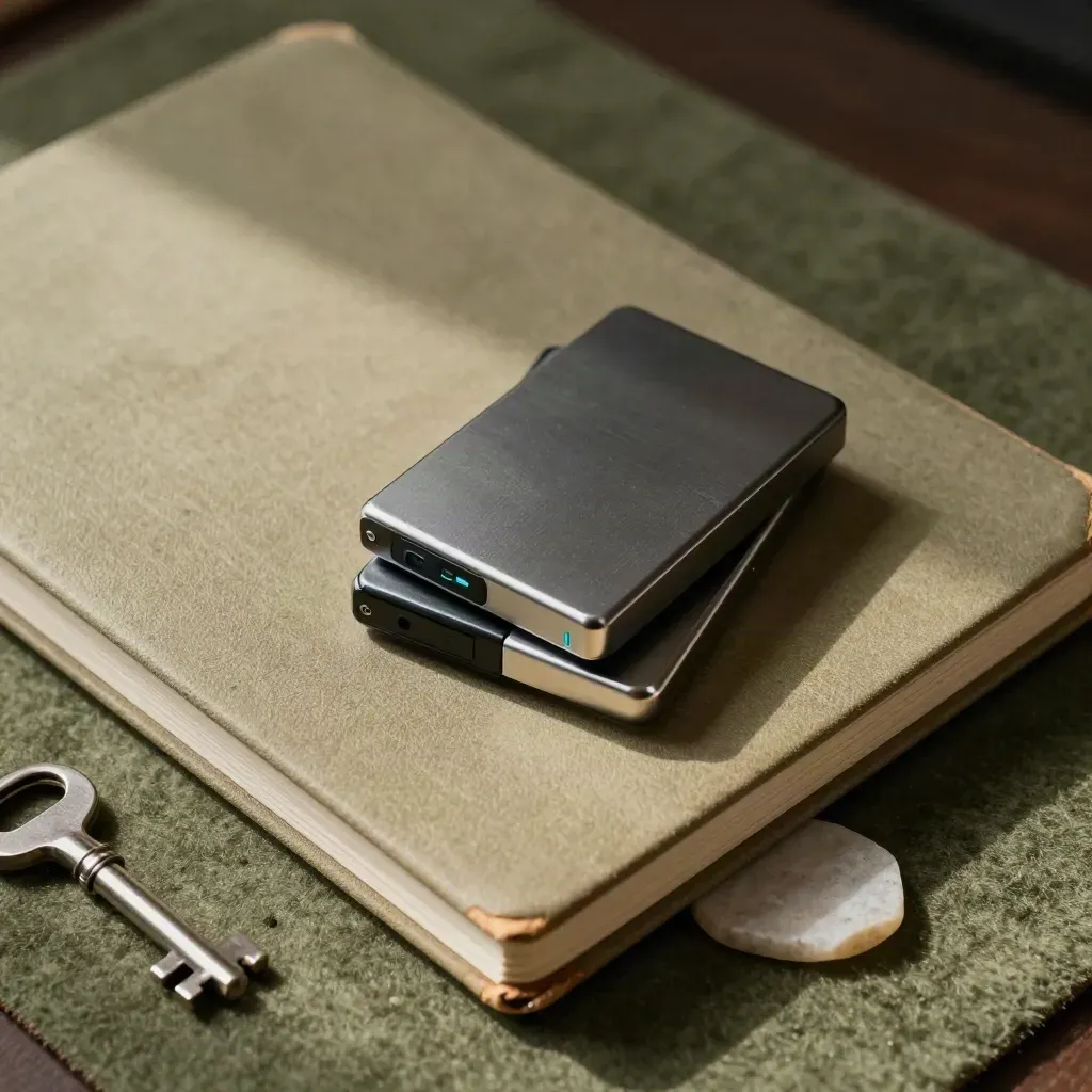 Closed sketchbook with two hard drives and metal clips on a dark surface