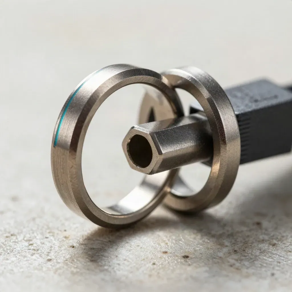 Macro of interlocking metal rings, connector block and cable clip on a pale stone surface.