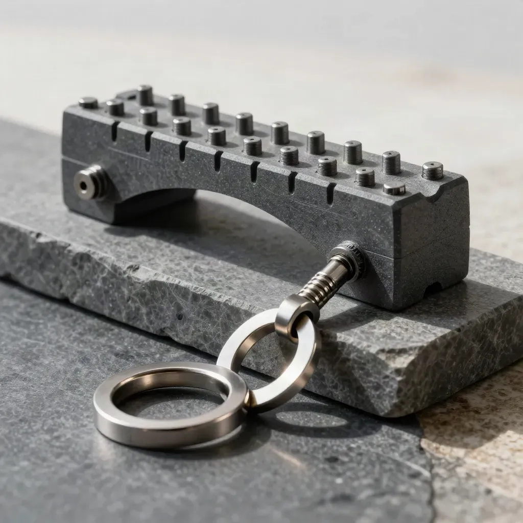 Graphite modular cloud-connect blocks and linked aluminum rings on stone in dramatic studio light.