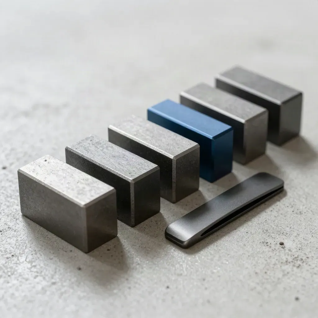 Dovetail metal blocks, spacer plate, and matte clip on concrete, side-lit in a premium macro still life.