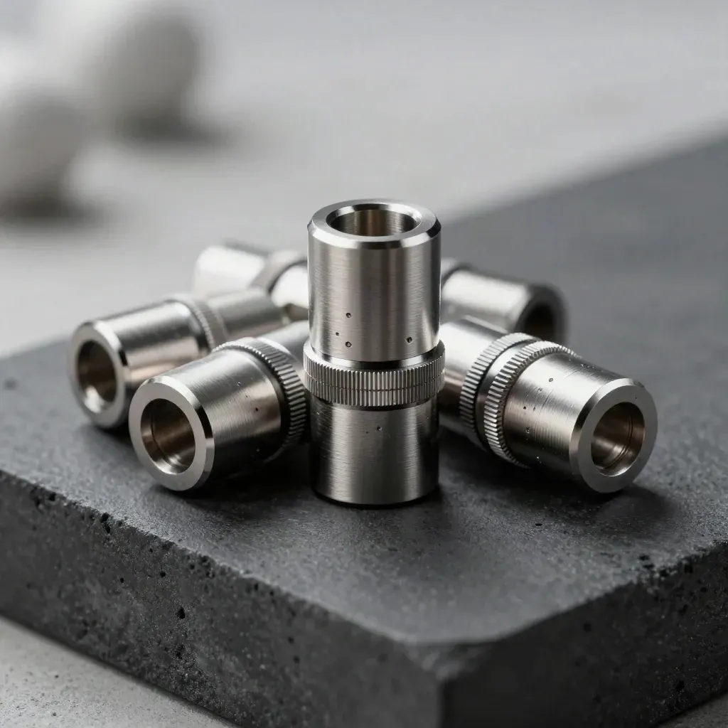 Polished metal connector cluster and sensor puck on charcoal concrete in soft daylight.